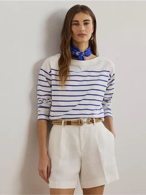 Lauren Ralph Lauren White Long-Sleeve Top with Blue Stripes